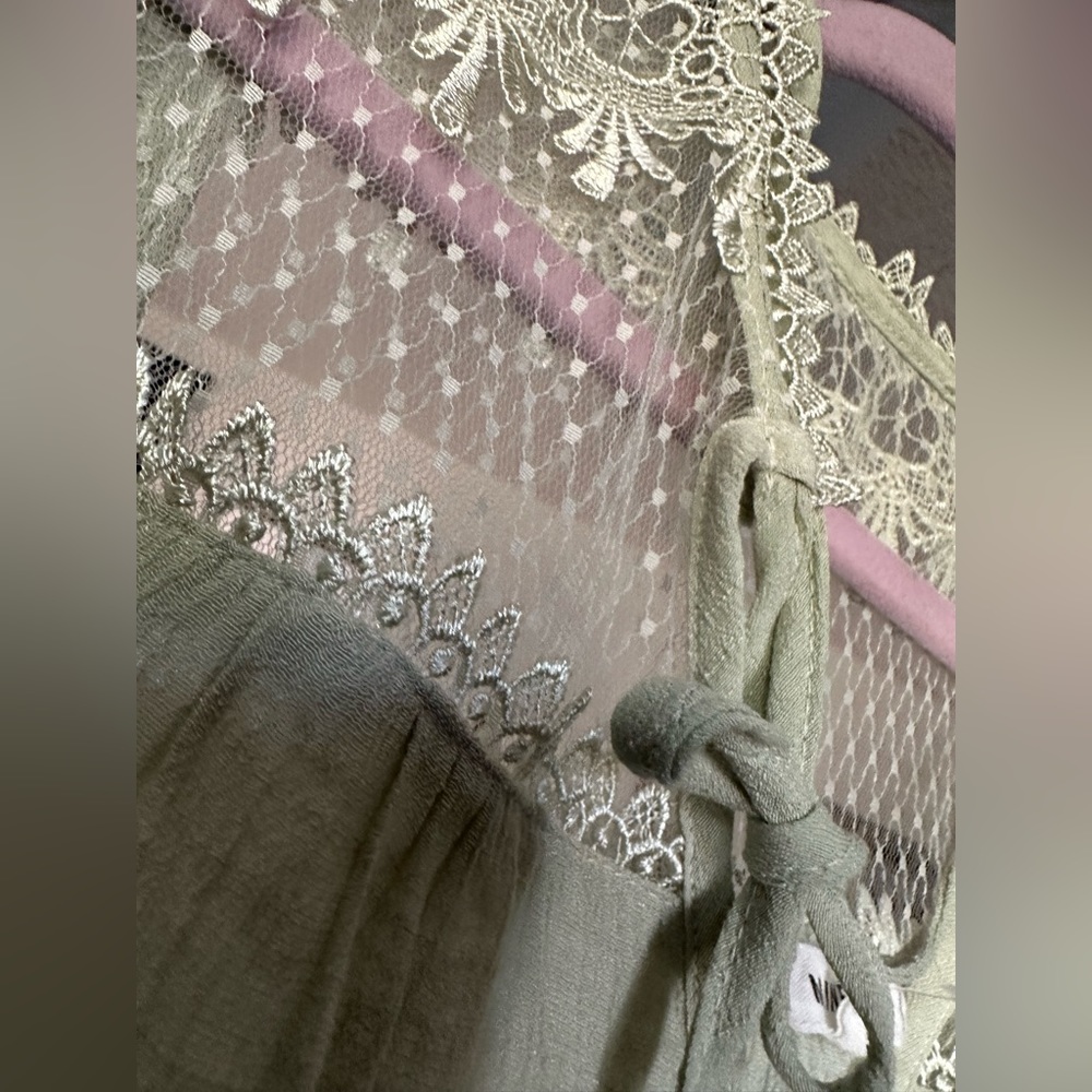 NWOT MINE Light sage blouse, ribbon tie on the front neck line, lace embroidery